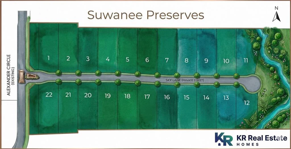 Illustrative Suwanee Preserves layout showing 22 numbered homesites along Sky Lane, accessed from Alexander Circle
